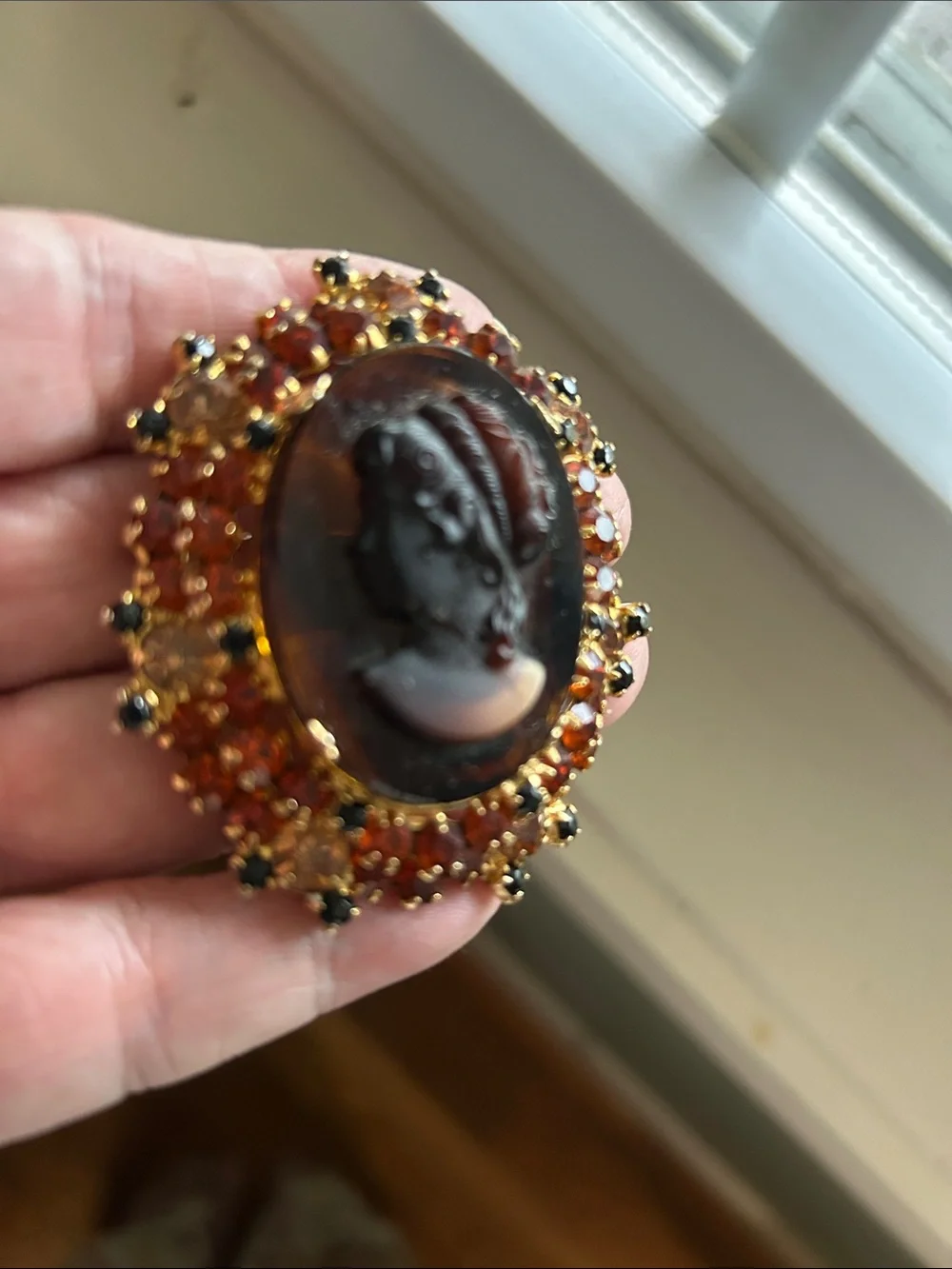 Vintage-Delazza-Elster Juliana Black Cameo Brooch with Amber and Black Accents